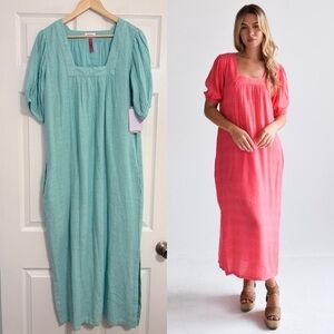 Never A Wallflower Puff Sleeve Square Neck Midi Gauzy Dress Teal Blue XS NWT